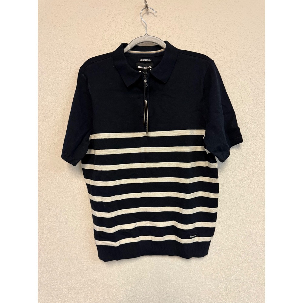 Threadbare Elleray Knit Polo Shirt Navy Ecru Striped Zip Jumper TBMI08777 L